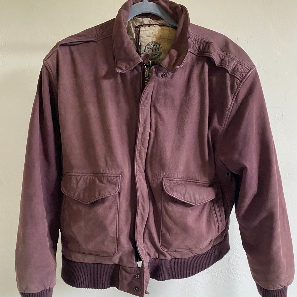 Global Identity G-III Leather Chestnut Brown Leather Bomber Jacket Map Lining
